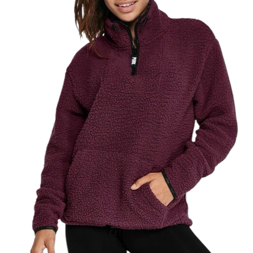 PINK Victoria's Secret Quarter Zip Pullover Teddy Sherpa Jacket Purple Size Lg